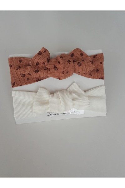 swan butik Kız Bebek Çocuk Bandana Toka Seti 2'li Krem Kahve Desenli Ribana