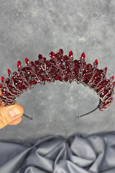 Limelia Coroană de mireasă cu mărgele de cristal bordeaux brodate