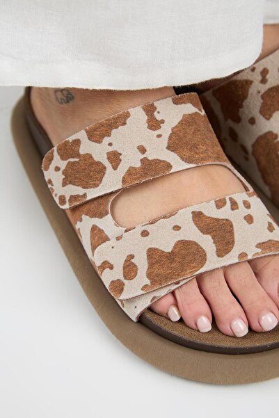 Manijero Nagual Lillo Women's Genuine Leather Double Velcro Tan Spotted Slippers