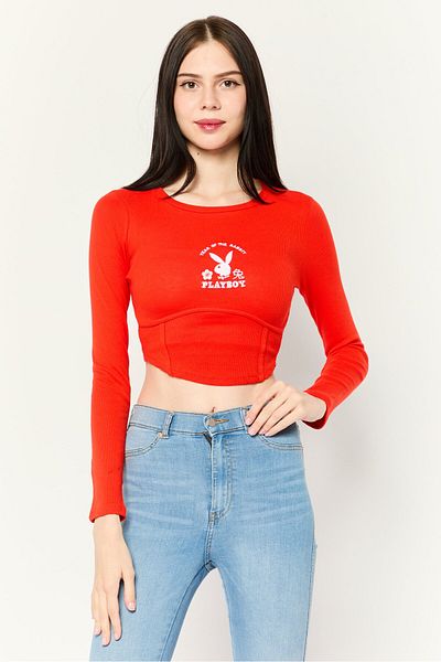Don't Call Me Jennyfer Playboy x DCMJ Women Round Neck Long Sleeve T-Shirt, Red