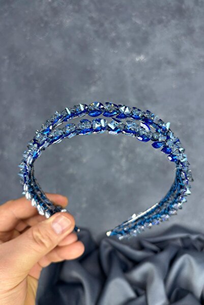 Limelia Accesoriu pentru păr de mireasă Lea, cu două rânduri de pietre, albastru indigo, coroană de henna pentru mireasă