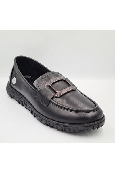 Mammamia D25Ya-7330 Black Genuine Leather Anatomical Insole Women's Daily Casual Shoes