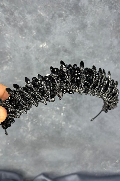 Limelia Coroană de mireasă cu mărgele de cristal negru brodate