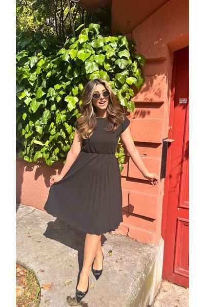 nedo7 Women's Short Sleeve Open Collar Elastic Waist Pleated Short Imported Crepe Dress