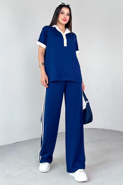 Cappmoda Tkm-13304 Navy Blue Modal Fabric Polo Button Collar T-Shirt & Loose Trousers Striped Two-Piece Set