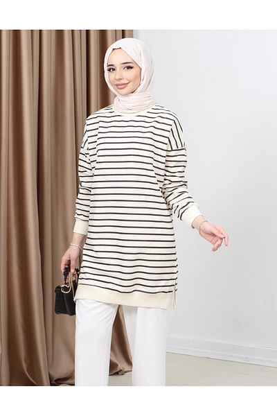 FABİMOD Women's Seasonal Loose Crew Neck Embroidered Striped Hijab Tunic Sports Model Seasonal Tunic