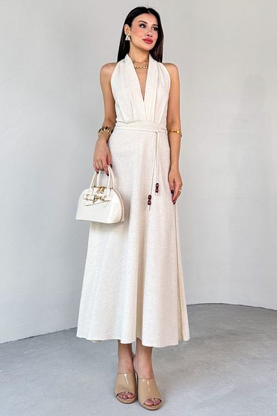 Cappmoda Elb-01787 Ecru Backless Thin Belt Detailed Linen Summer Dress