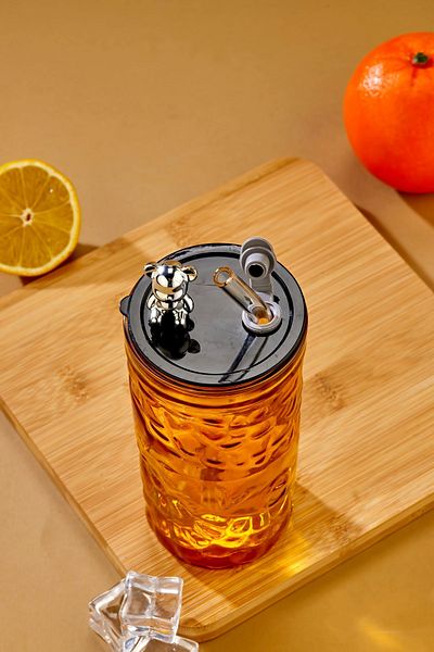 NY HOME Soft Drink Glass with Teddy Bear Figure and Glass Straw Orange 420 ml