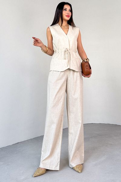 Cappmoda Tkm-13312 Stone Color Lacing Detailed Lined Vest & Palazzo Trousers Linen Double Suit