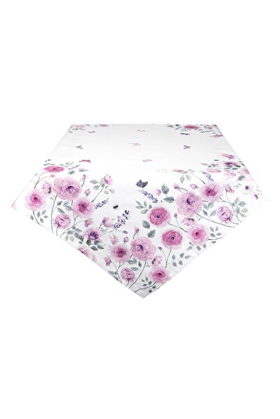 Clayre & Eef Fata de masa bumbac alb roz Roses 150 cm x 150 cm