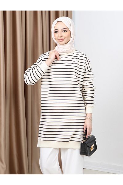 FABİMOD Women's Seasonal Loose Crew Neck Embroidered Striped Hijab Tunic Sports Model Seasonal Tunic