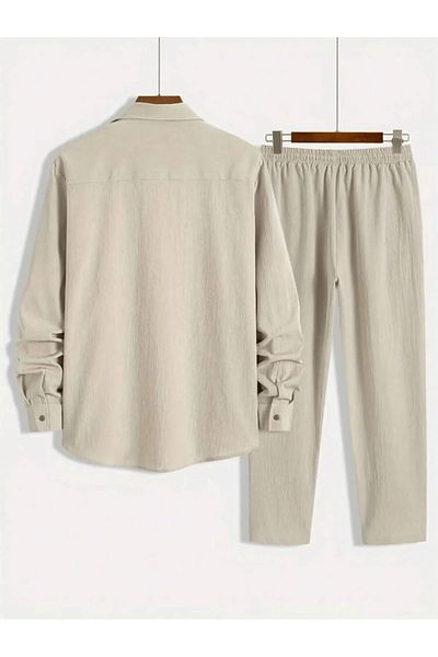 Nyda Collections Men's Crinkle Suit Buttoned Shirt and Lace-Up Trousers Summer Suit Double Pocket Crinkle Fabric