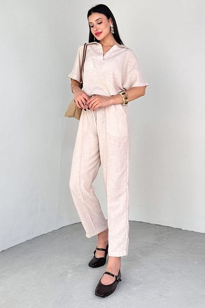 Cappmoda Tkm-13309 Stone Color Polo Collar Oversize T-Shirt & Carrot Trousers with Tie Detail Two-Piece Set