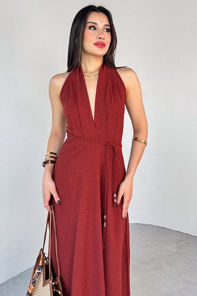 Cappmoda Elb-01787 Tile Back Low-Cut Thin Belt Detail Linen Summer Dress