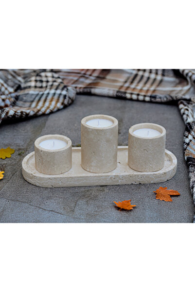 marbelix Lucia 30cm 4'lü Set Bej Traverten Mermer Soya Mum - Yüksek Kalite Do...