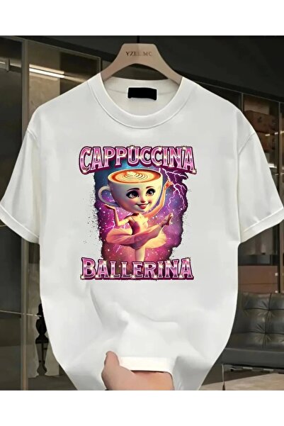1blood تي شيرت أبيض كابتشينو راقصة الباليه مطبوع قابل للغسل للجنسين مقاس كبير