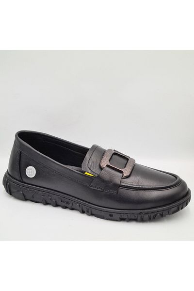 Mammamia D25Ya-7330 Black Genuine Leather Anatomical Insole Women's Daily Casual Shoes