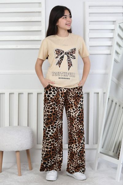 ABİYEKİDS Set de copii casual de sărbători cu model leopard, de la jos la sus, pentru 6/14 ani ABY220