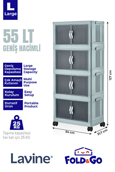 obido Lavine Fold&go 4'lü Portatif Organizer Tekerlekli Dolap Çok Amaçlı Kapaklı Katlanır ”mavi”