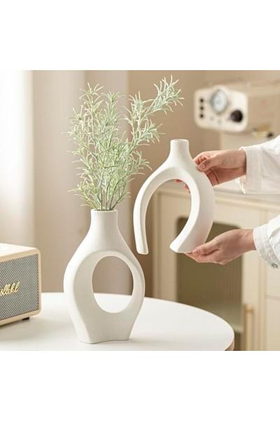 Generic White Ceramic Vases, Set of 2, Round Hollow, Modern Flower Vase for Home Decor, Boho Style, Minimali