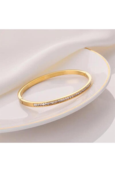 DEMOKAN Kadın Yüksek Kalite Çelik Tek Sıralı Zirkon Taş Kelepçe Bileklik Kara...