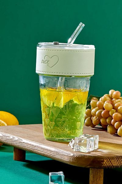 NY HOME Glass with Straw, Leakproof Lid - Gray Striped Glass Cup