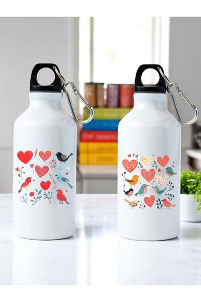 lili hediyelik Heart and Bird Printed 2-Piece Water Bottle