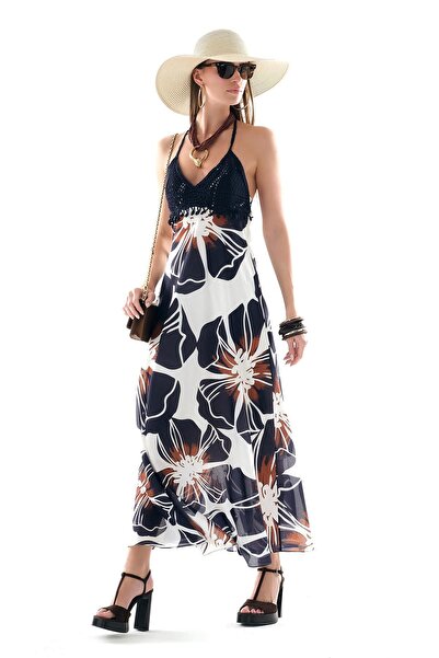 EXPLOSION Desenli Vual Örgü Büstiyerli Midi Boy Elbise