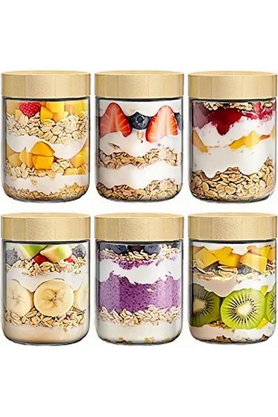 Generic NaturalFeel Glass Jars with Lids Overnight Oats Containers 500ml - Set of 6 | Airtight Leakproof Gla
