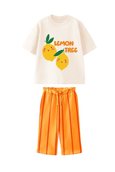 Monila Girl's Muslin Jogger Pants Lemon Printed Bottom Suit