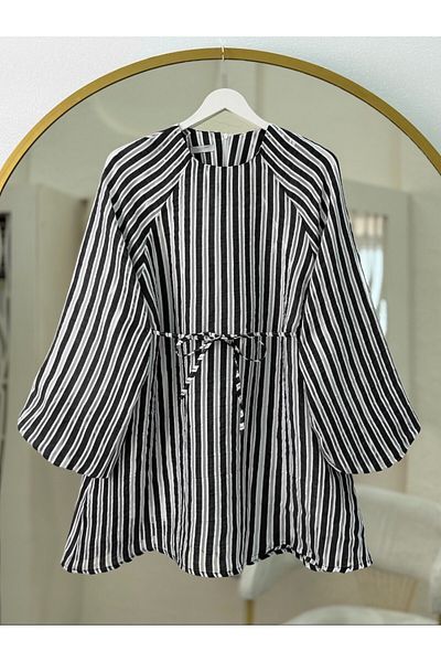 Modamorfo Balloon Sleeve Waist Lined Striped Tunic - Black