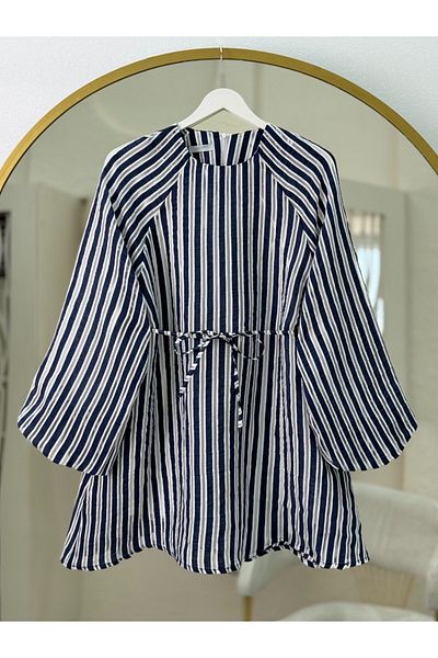 Modamorfo Balloon Sleeve Waist Lined Striped Tunic - Navy
