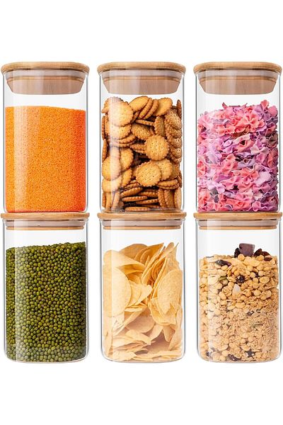 Generic 6-Pack Square Glass Jars with Airtight Bamboo Lids (37oz), Glass Canisters for Tea Coffee