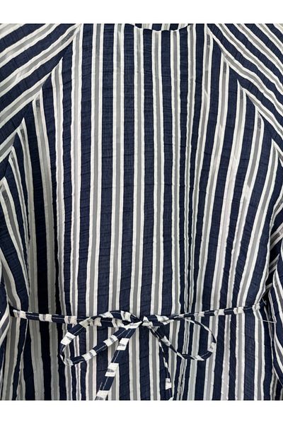 Modamorfo Balloon Sleeve Waist Lined Striped Tunic - Navy