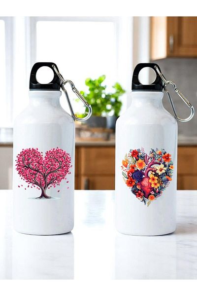 lili hediyelik Heart and Flower Themed 2-Piece Water Bottle