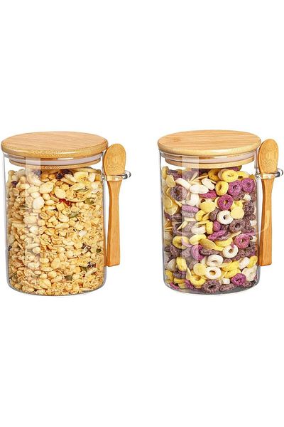 Generic DOOKOO 2 Pack Glass Jars with Bamboo Airtight Lid and Spoons, Clear Sugar Container Glass Storage Co