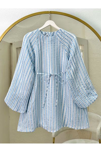 Modamorfo Balloon Sleeve Waist Tie Lined Striped Tunic - Baby Blue