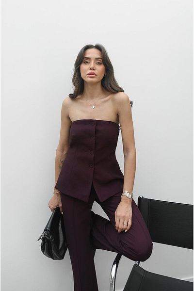 Havoş Plum Coated Button Strapless Trousers Suit