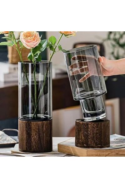 Generic ANTOLE Glass Flower Vases, Artistic Wood Glass Vase, Modern Glass Vase for Home Decor (Grey-M)