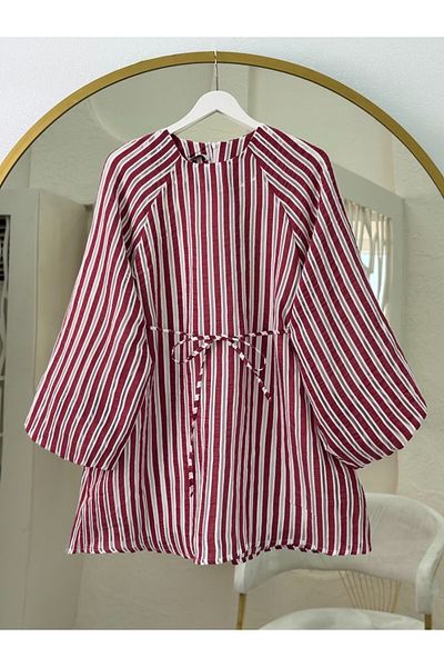 Modamorfo Balloon Sleeve Waist Lined Striped Tunic - Claret Red