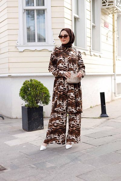 Enans Design Women's Hijab 2 Piece Leopard Set Tunic & Trousers
