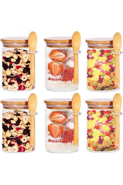 Generic MAMATOONS 6-Pack 450ml(15oz) Glass Jars With Airtight Bamboo Lids and Spoon, Overnight Oats Jars Sug