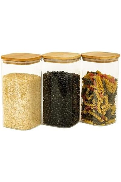 Generic Oyalah Pack of 3 Glass Storage Jar with Bamboo Lid, Square Sealed Jar, Food Storage Containers for R