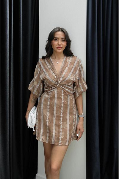 Havoş Brown Front Knotted Embroidered Dress
