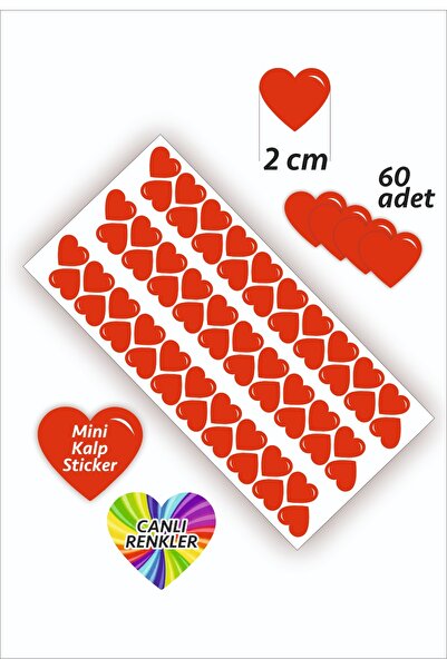 İstisna 60 Adet Kalp Etiket Kırmızı Renk 2 Cm Kalp Temalı Sticker Seti