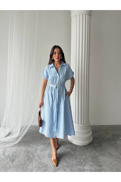 S&A Collectionn Women's Shirt Collar Button Belted Short Sleeve Knee-Length Dress