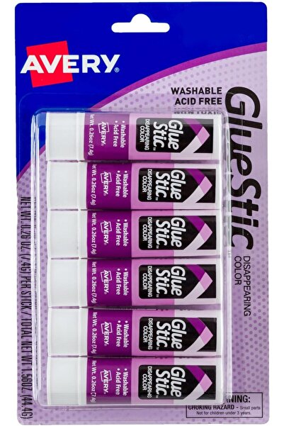 AVERY Glue Stick Disappearing Purple Color, Washable, Nontoxic, 7.4g Permanent Glue Stic, 6pk
