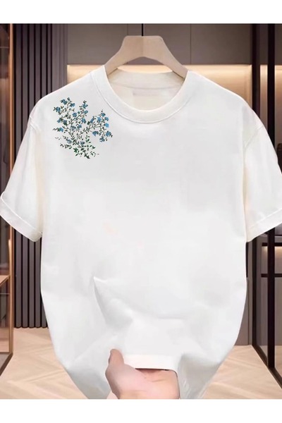 PALPİTO تي شيرت نسائي أبيض كبير الحجم مطبوع عليه أوراق الشجر على الكتف