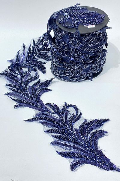 Limelia Navy Blue Bead Embroidered Leaf Pattern Wide Ribbon Applique 1 Meter