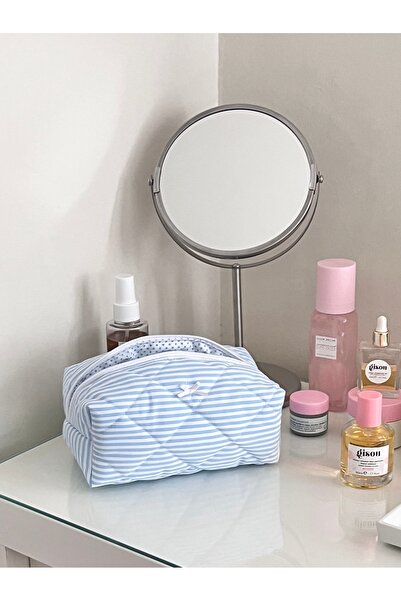 Lulishop Μπλε ριγέ τσάντα μακιγιάζ μεσαίου μεγέθους